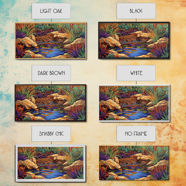 Desert Waterfall, Vibrant, Nature, Framed Canvas Print, desert oasis waterfall, Living Room Wall Art, colorful landscape painting