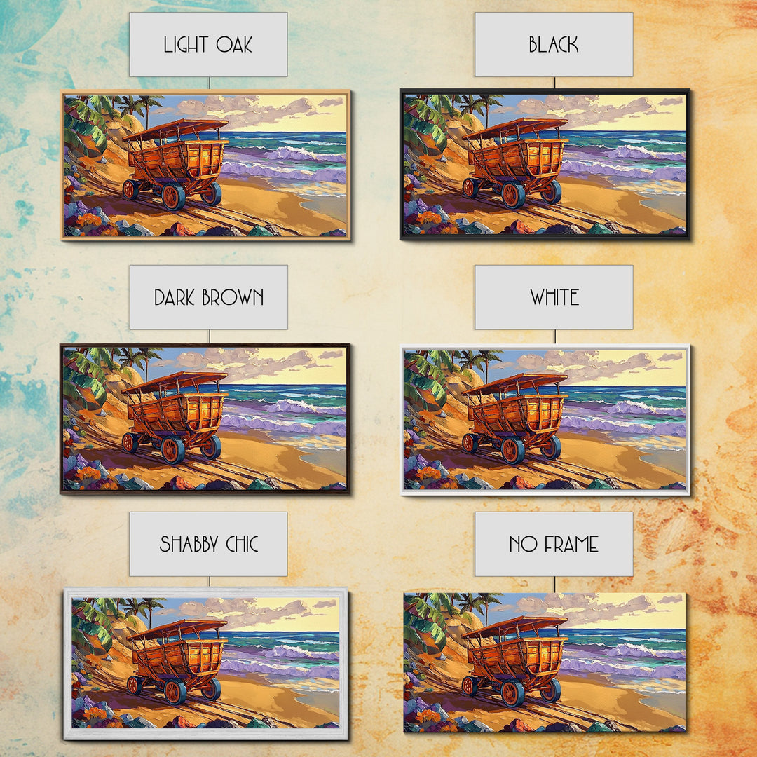 Coastal Cart, Tropical Beach, Ocean Shoreline, Framed Canvas Print, Rustic Wall Art, Coastal Living Room Decor, Summer Vibes Painting