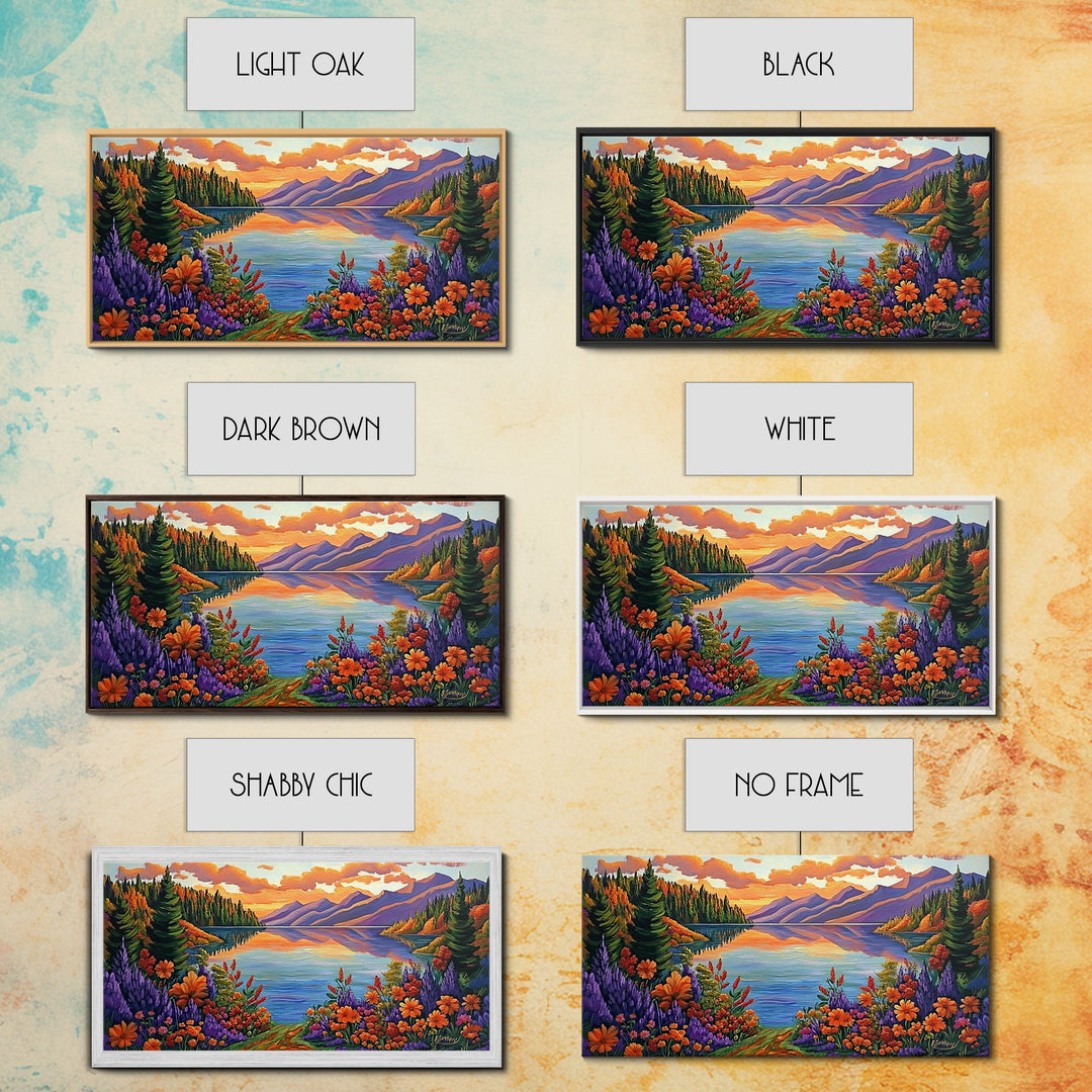 Mountain Lake, Sunset Reflection, Wildflower Meadow, Canvas Print, Vibrant Nature Art, Living Room or Cabin Wall Decor