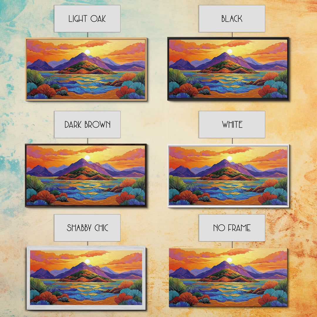 Island Sunset, Mountain Horizon, Ocean Glow, Framed Canvas Print, Bold Wall Art, Bedroom or Office Decor, Tropical Paradise Painting