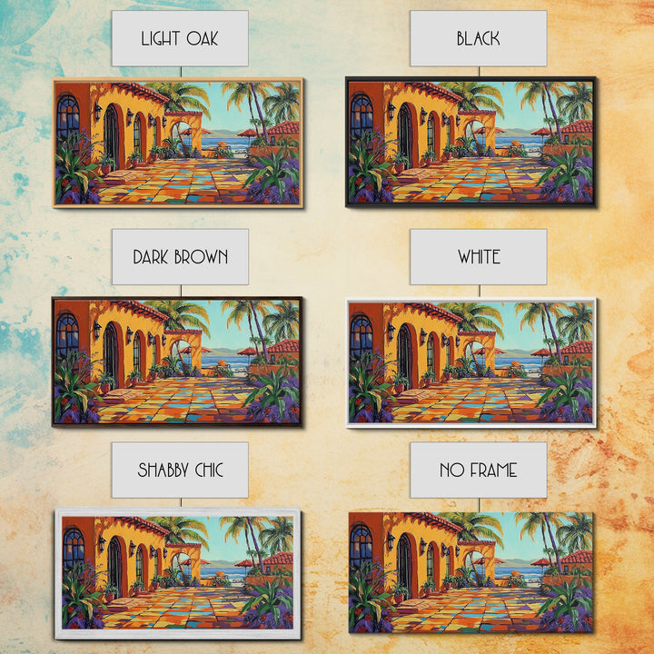 Coastal Patio, Palm View, Sunset, Canvas Print, Mexican beach terrace painting great Entryway Wall Art or Mediterranean Home Decor