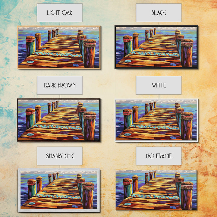 Dock View, Ocean, Coastal Path, Framed Canvas Print, Vibrant pier artwork ideal Beach House Wall Art or Nautical Entryway Decor