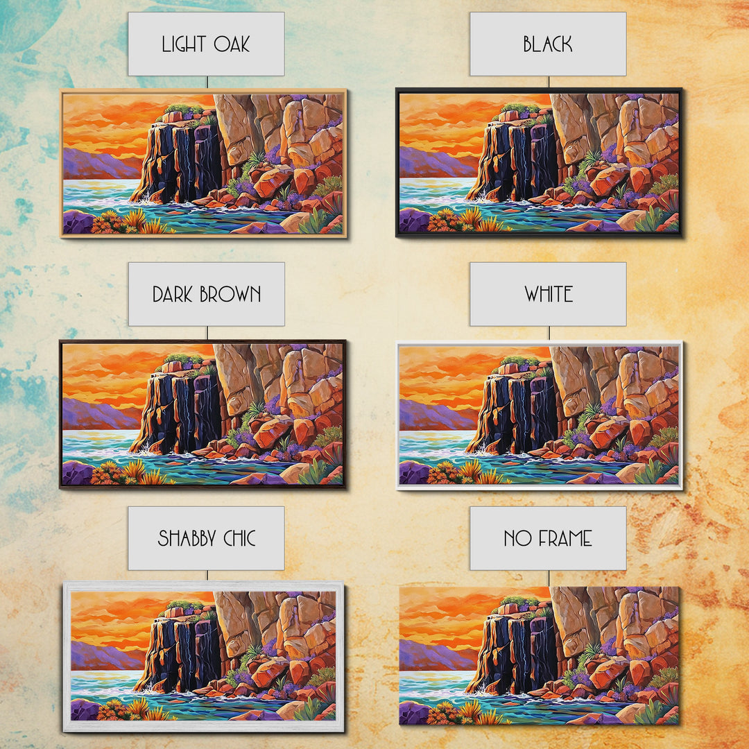 Desert Sunset, Cliffs, Nature, Framed Canvas Print, rocky cliffs and sea, Boho Living Room Wall Art, colorful sunset art, coastal vibes