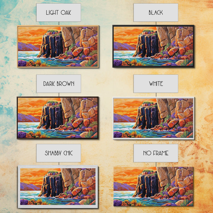 Desert Sunset, Cliffs, Nature, Framed Canvas Print, rocky cliffs and sea, Boho Living Room Wall Art, colorful sunset art, coastal vibes