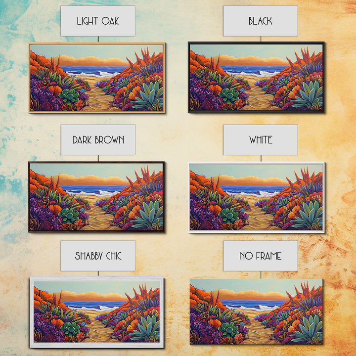 Beach Trail, Succulents, Ocean Path, Framed Canvas Print, Vibrant desert-to-ocean painting perfect Kitchen Wall Art or Boho Coastal Decor