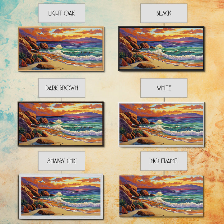 Coastal Sunset, Waves, Shore, Framed Canvas Print, ocean beach decor, seascape living room wall art, tropical boho coastal style