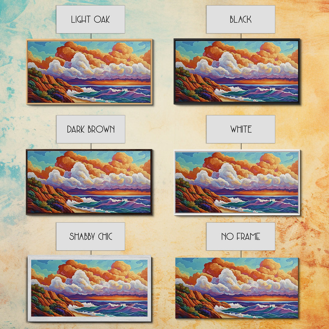 Clouds Ocean, Sunset, Dreamy, Framed Canvas Print, whimsical seascape, vibrant wave art, living room decor, beach wall art