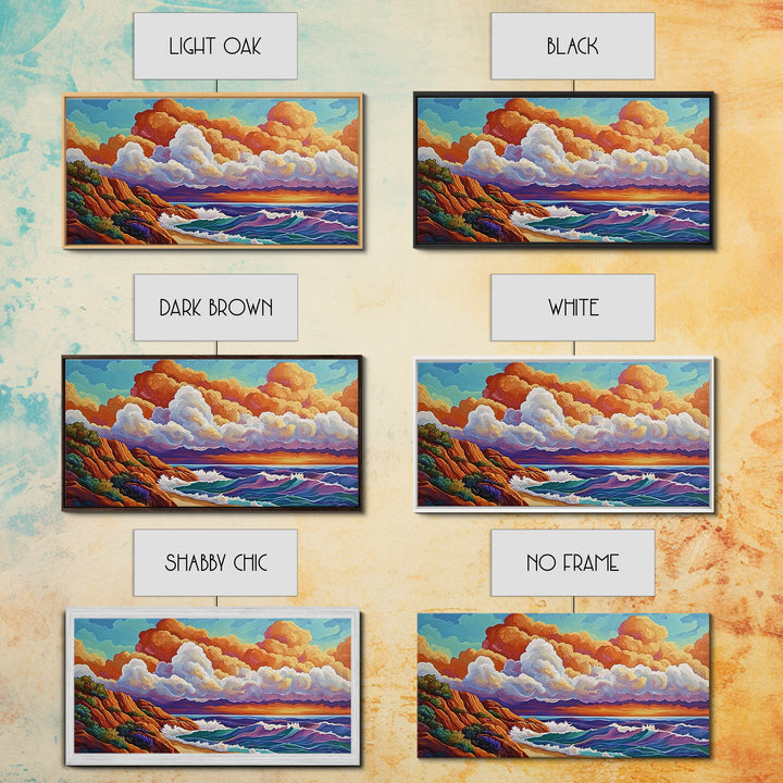 Clouds Ocean, Sunset, Dreamy, Framed Canvas Print, whimsical seascape, vibrant wave art, living room decor, beach wall art