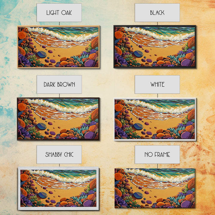 Coastal Shoreline, Footprints, Framed Canvas Print, Coastal beach waves and footprints art with colorful rocks, Bathroom Wall Art