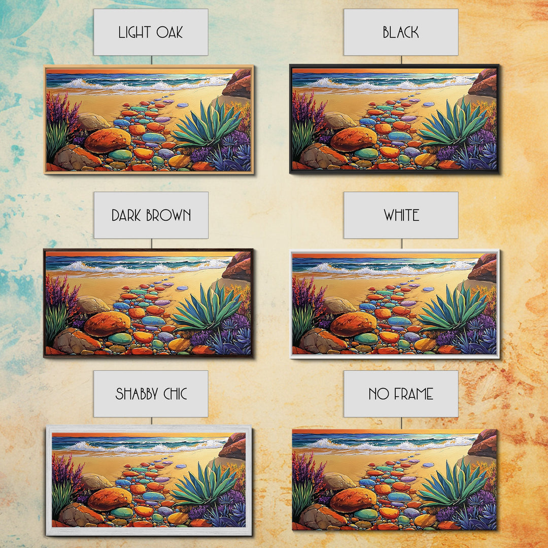 Beach Path, Ocean, Sunset, Canvas Print, Colorful beach path with stones and ocean waves, vibrant coastal Living Room Wall Art