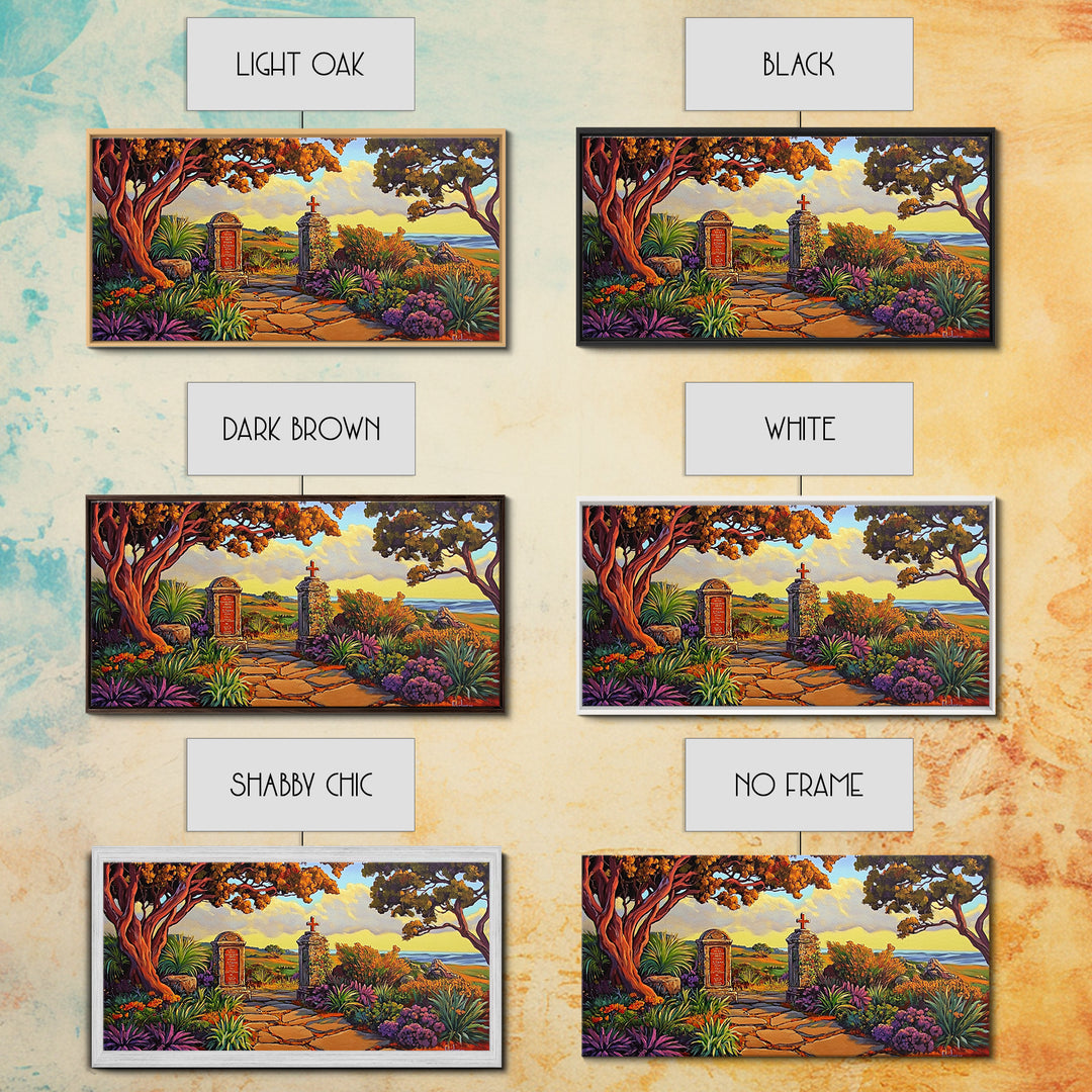 Cross Memorial, Sunset, Framed Canvas Print, Peaceful Autumn scene with cross and mountain view, ideal Fall Living Room Wall Art