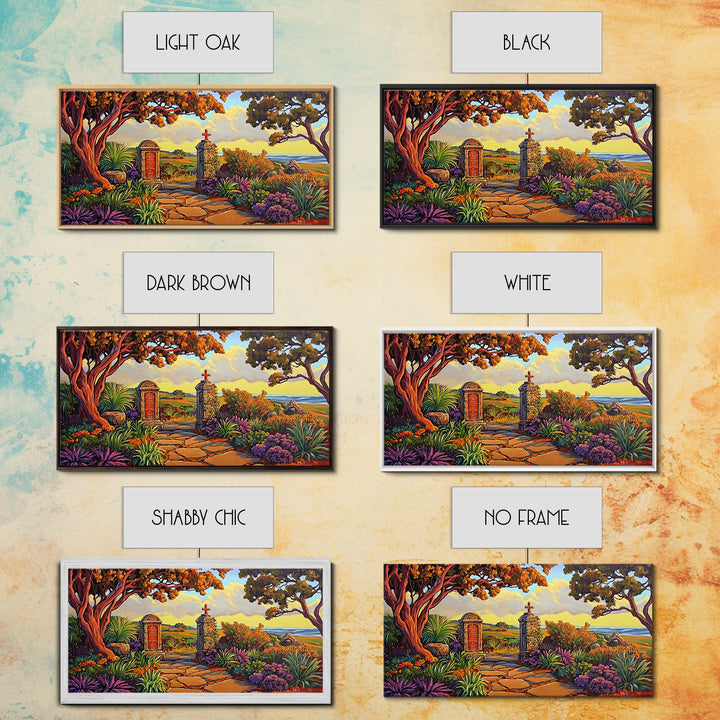 Cross Memorial, Sunset, Framed Canvas Print, Peaceful Autumn scene with cross and mountain view, ideal Fall Living Room Wall Art