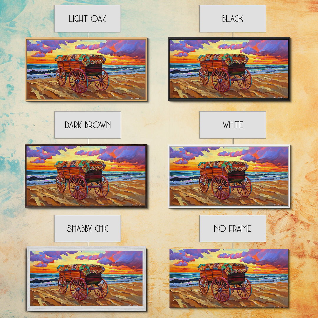 Beach Wagon, Sunset, Decor, Framed Canvas Print western wall art, desert decor, living room boho art, rustic coastal art, beach house