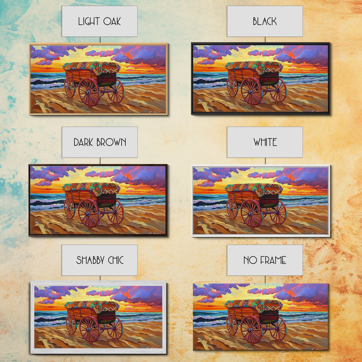 Beach Wagon, Sunset, Decor, Framed Canvas Print western wall art, desert decor, living room boho art, rustic coastal art, beach house