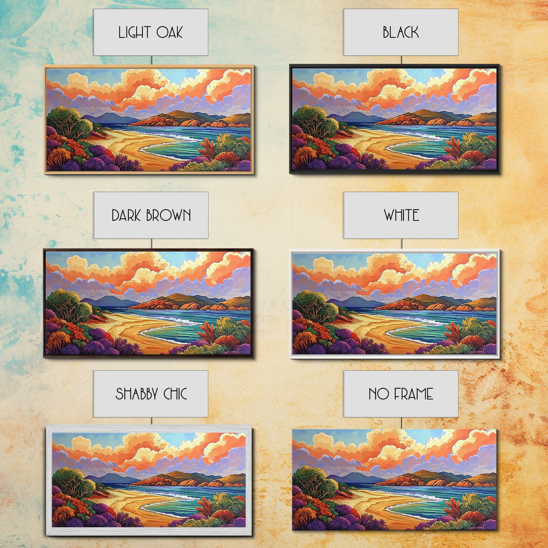 Beach Clouds, Coastal, Pastel, Framed Canvas Print soft tropical seascape painting, ocean view boho art, serene living room print