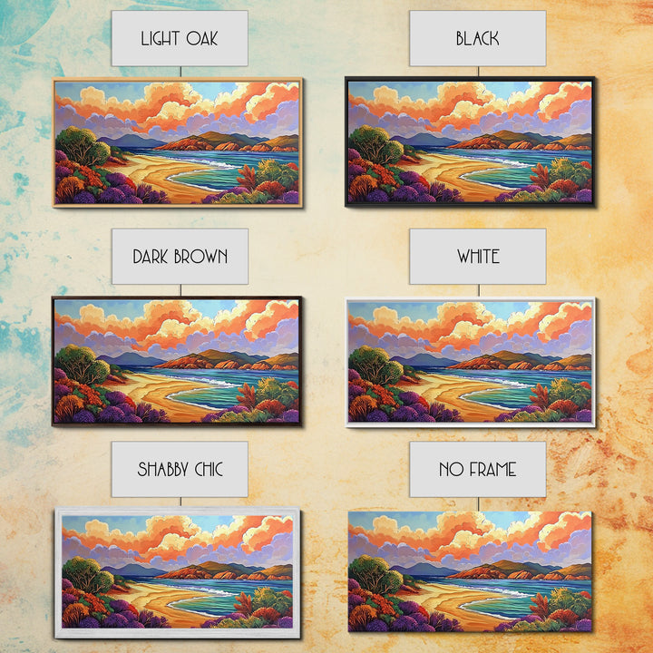 Beach Clouds, Coastal, Pastel, Framed Canvas Print soft tropical seascape painting, ocean view boho art, serene living room print