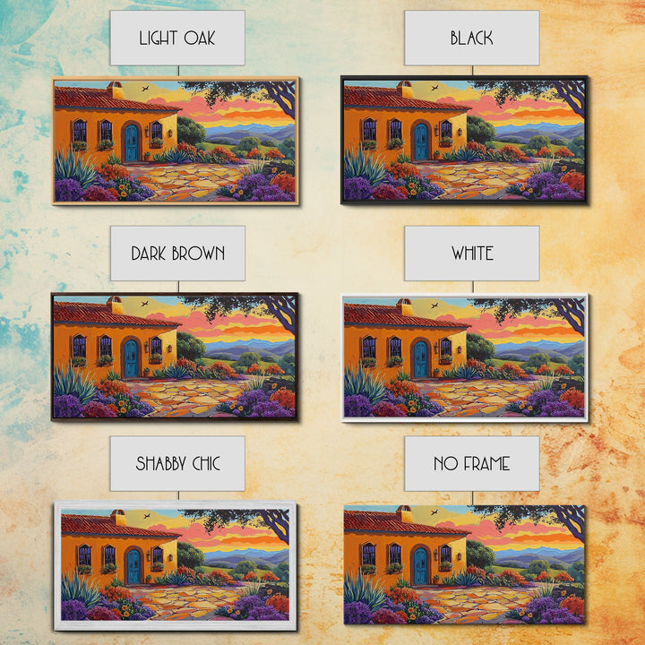 House Sunset, Garden, Southwest, Framed Canvas Print warm adobe home wall art, colorful southwestern sunset print, cozy kitchen decor