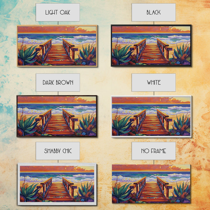 Beach Boardwalk, Sunset, View, Framed Canvas Print, boardwalk to beach, Coastal Entryway Art, sunset seascape painting, ocean cottage