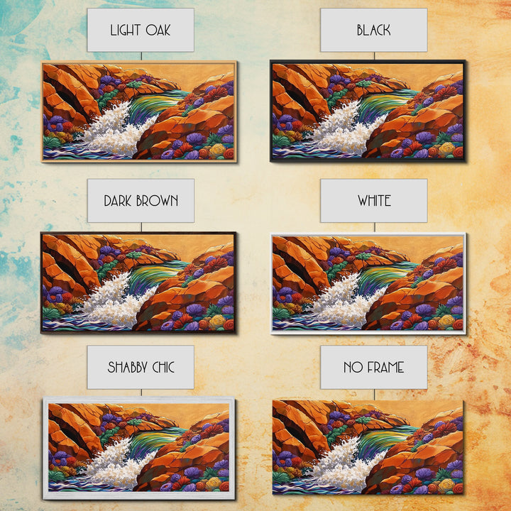 Waterfall Rocks, Flowers, Canvas Print, Colorful Nature Wall Art, Boho Earthy Decor, Vibrant Living Room Accent, Abstract Landscape Art
