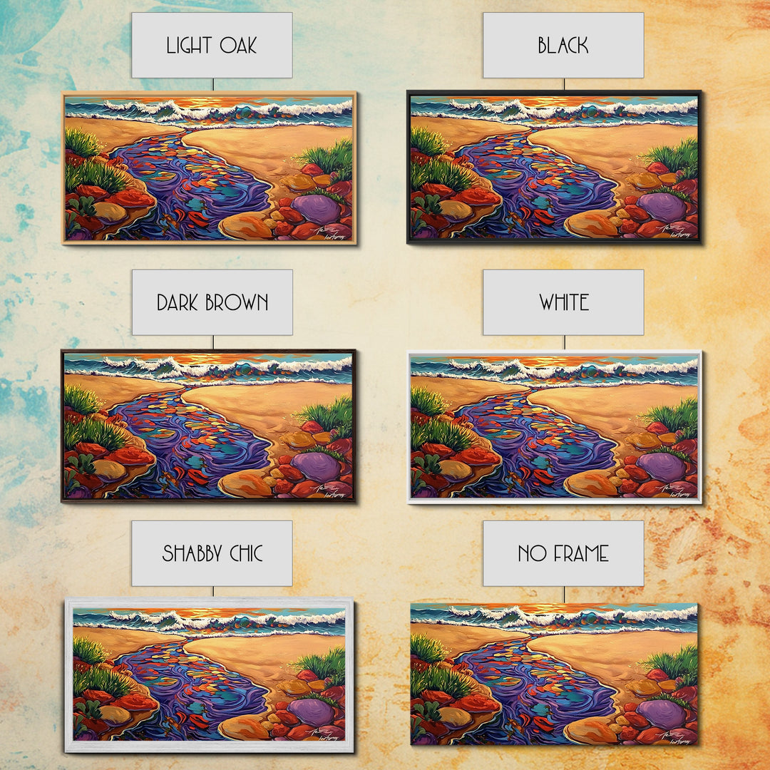 Ocean Stream, Sunset, Framed Canvas Print, Vibrant Beach Painting, Surf Wall Art, Coastal Decor, Sunset Seascape, Colorful Nature Art