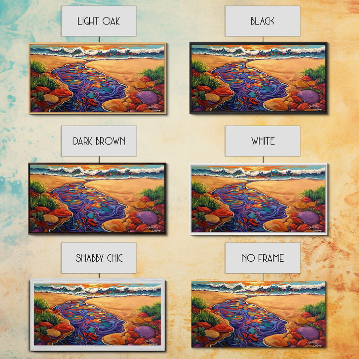 Ocean Stream, Sunset, Framed Canvas Print, Vibrant Beach Painting, Surf Wall Art, Coastal Decor, Sunset Seascape, Colorful Nature Art