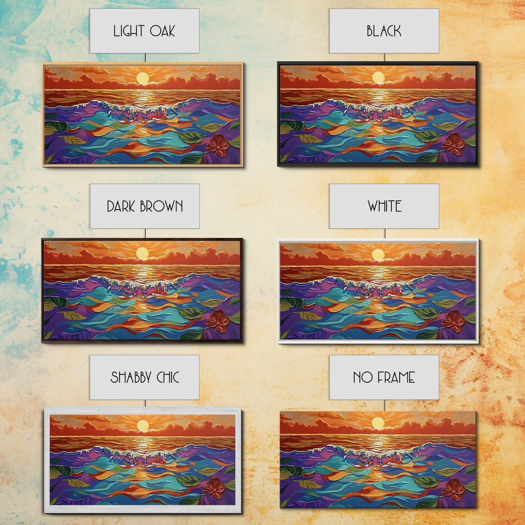 Ocean Sunset, Petals, Framed Canvas Print, Beachy Living Room Decor, Vibrant Seascape Art, Tropical Floral Painting, Boho Home Accent