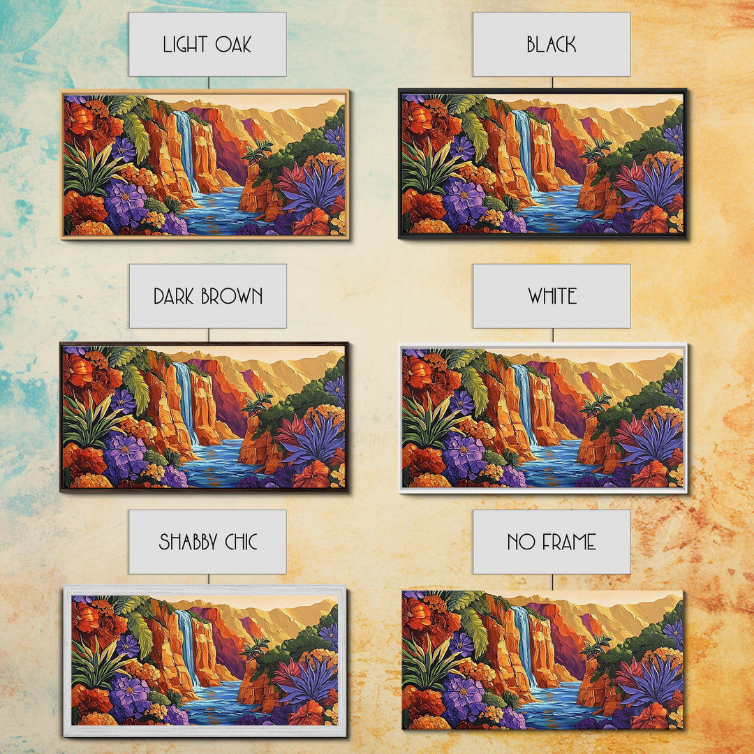 Canyon Waterfall, Desert Bloom, Sunset Rocks, Framed Canvas Print, Nature Landscape Wall Art, Boho Bedroom or Office Decor