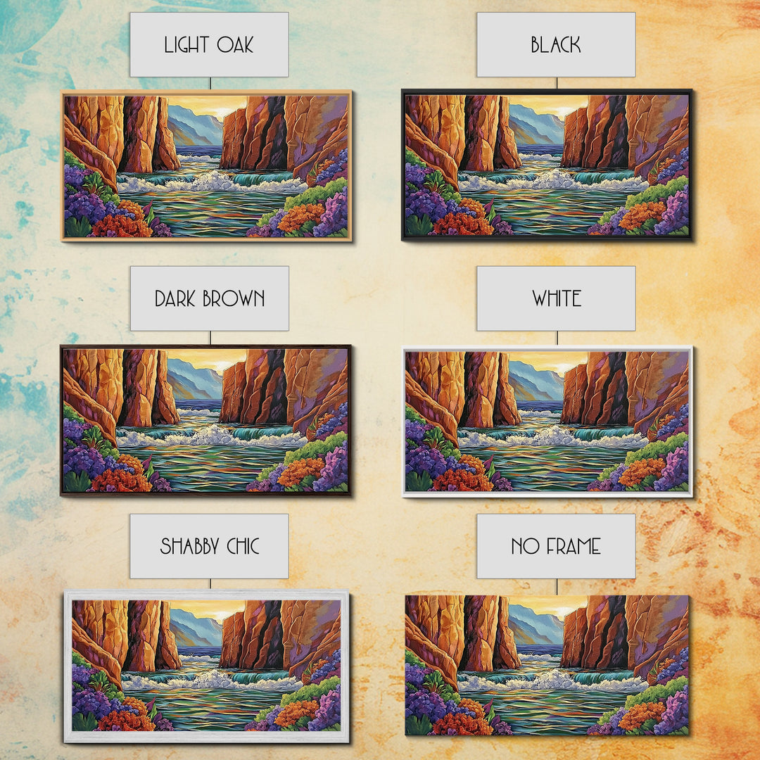 Canyon Cliffs, Ocean View, Sunset Water, Framed Canvas Print, Vibrant Landscape Wall Art, Office or Entryway Nature Decor