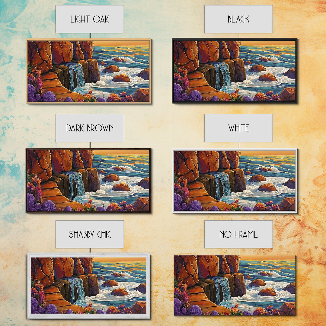 Cliffside Waterfall, Ocean Swirls, Sunset Tide, Framed Canvas Print, Nature Landscape Wall Art, Bold Boho Living Room Decor