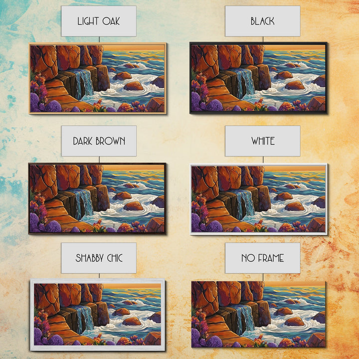 Cliffside Waterfall, Ocean Swirls, Sunset Tide, Framed Canvas Print, Nature Landscape Wall Art, Bold Boho Living Room Decor