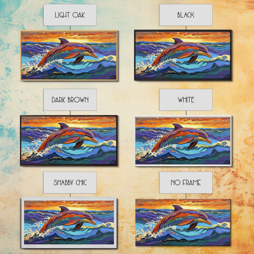 Dolphin Ocean, Sunset, Vibrant, Jumping Dolphin Canvas Print, Beach House Wall Art, Vibrant Ocean Scene, Kids Room Decor, Summer Art