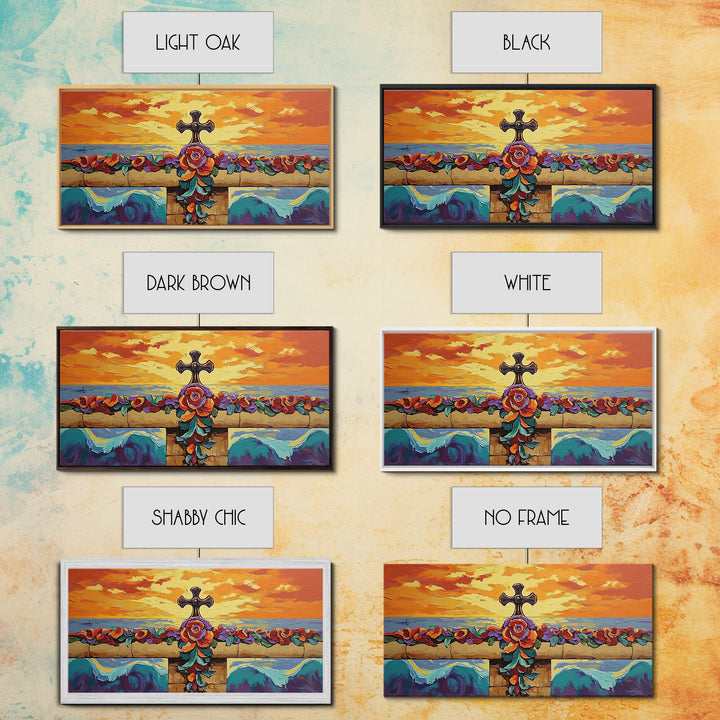 Cross Sunset, Flowers, Spiritual, Coastal Cross Sunset Framed Canvas Print, Christian Wall Art, Floral Beach Decor, Living Room Art