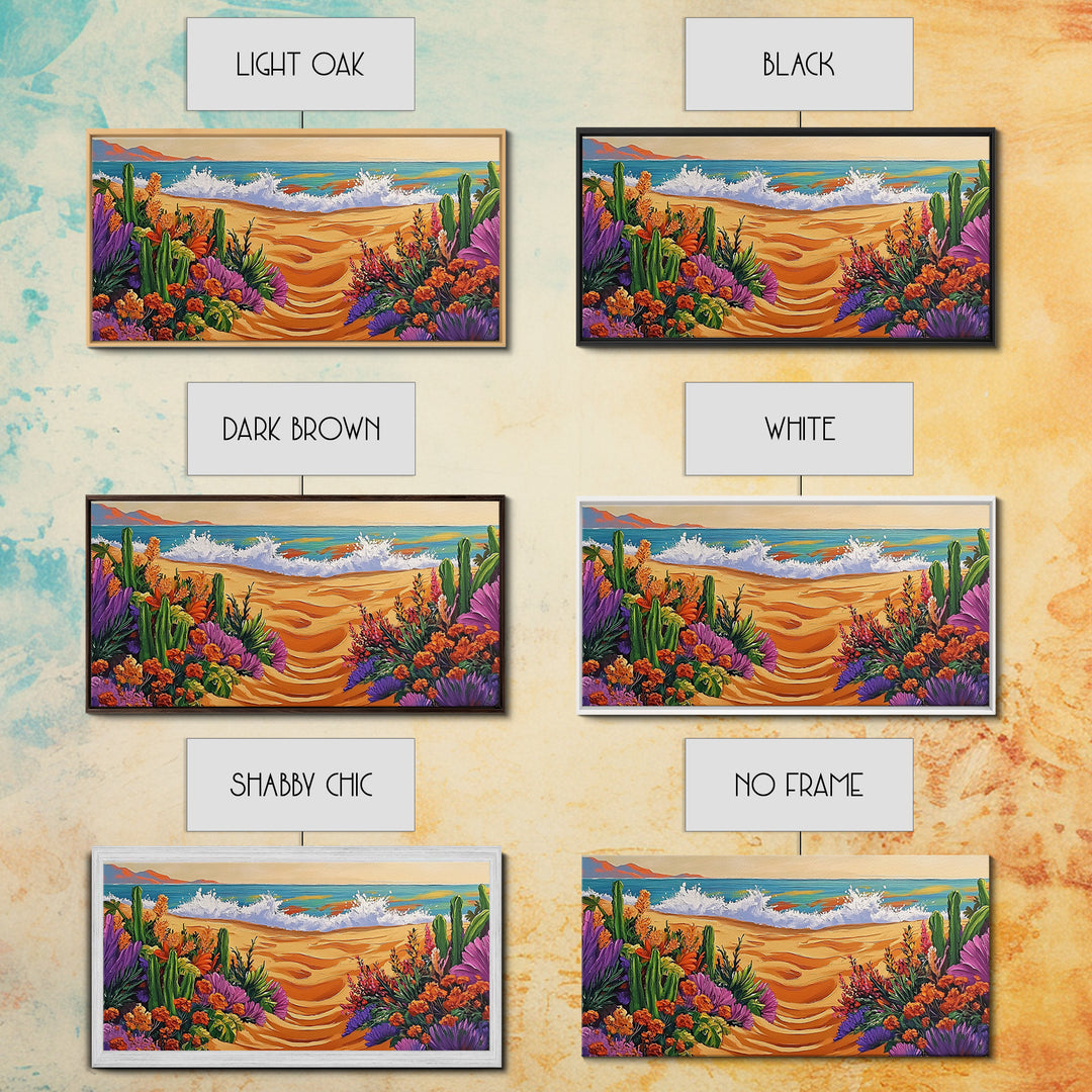 Beach Floral, Sunset, Cactus, Vibrant Desert Coastal Pathway Canvas Print, Entryway Wall Art, Boho Style Art, Tropical Beach Wall Decor