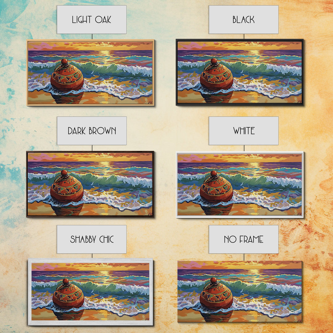 Buoy Shoreline, Sunset, Surf, Sunset Ocean Buoy Canvas Print, Coastal Wall Art, Nautical Theme Living Room, Bold Beach House Fall Decor