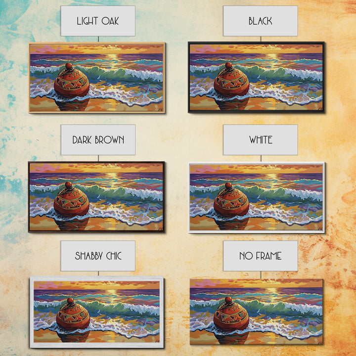 Buoy Shoreline, Sunset, Surf, Sunset Ocean Buoy Canvas Print, Coastal Wall Art, Nautical Theme Living Room, Bold Beach House Fall Decor