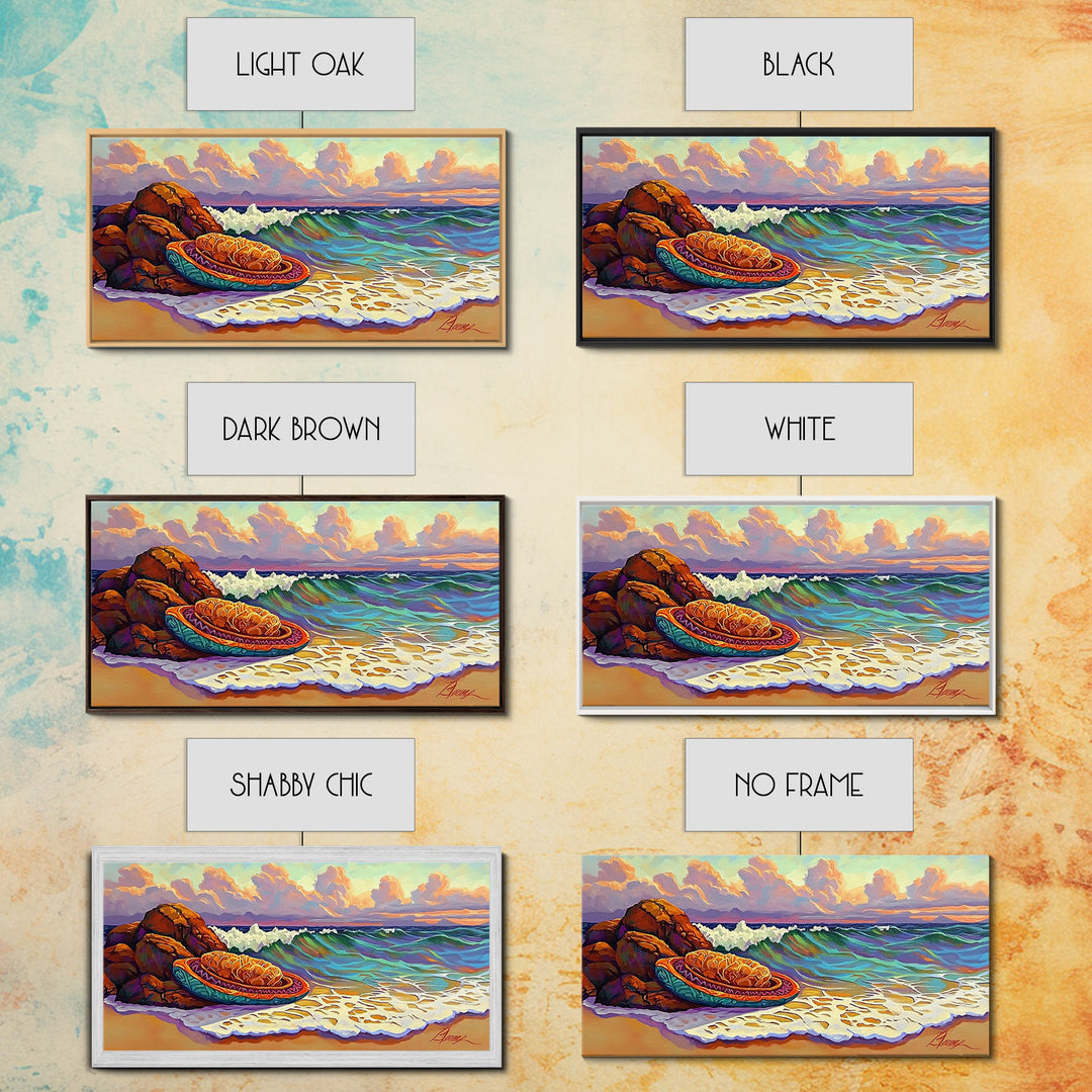 Conchas Beach, Sunset, Waves, Canvas Print, Mexican sweet bread art, kitchen wall decor, colorful bakery art, beach wall painting