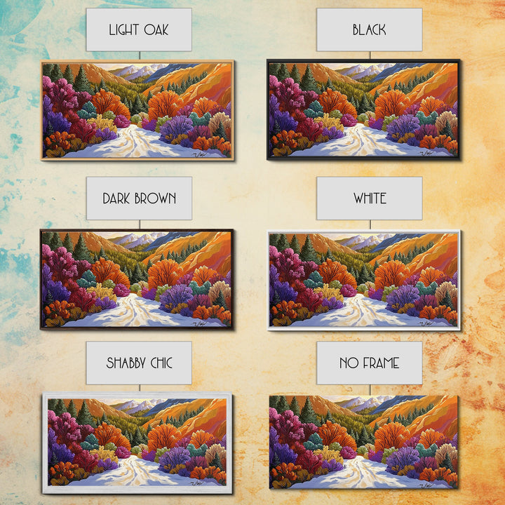 Autumn Forest, Snow, Trail, Canvas Print, Fall landscape painting, cabin wall decor, cozy mountain art, vibrant rustic hallway print