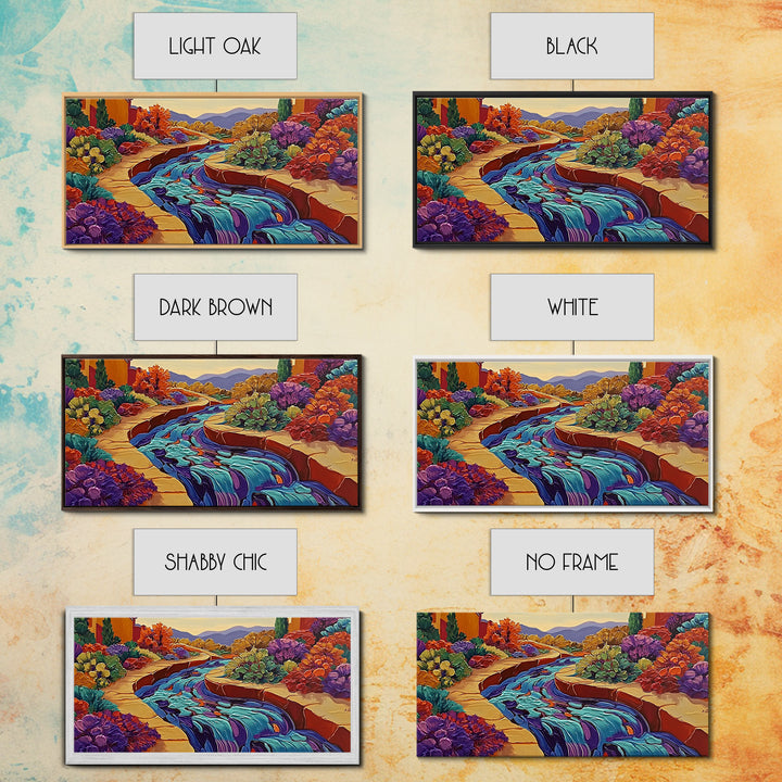 Stream Garden, Colorful, Path, Framed Canvas Print, Southwestern landscape art, bright garden painting, hallway decor, fall home vibe