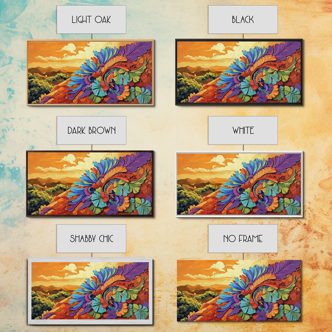 Colorful Feather, Design, Sunset, Framed Canvas Print, southwest wall art, abstract boho style, living room wall art, desert tones