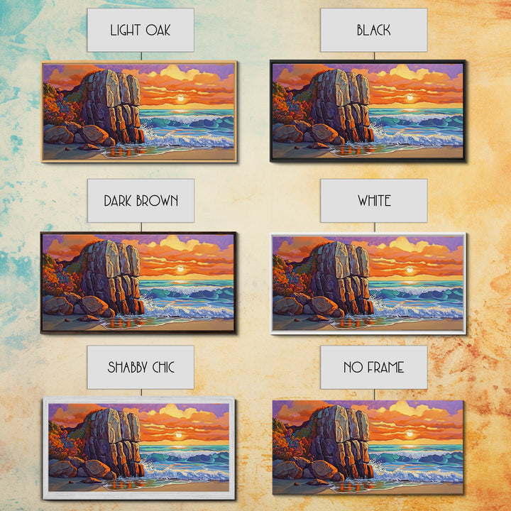 Rock Ocean, Sunset, Waves, Framed Canvas Print, coastal wall decor, bold shoreline art, living room beach style, nature theme