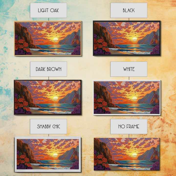 Beach Cliffs, Sunset, Vibrant Sky, Framed Canvas Print, Boho Coastal Art, Bedroom Wall Decor, Ocean View Painting, Tropical Landscape