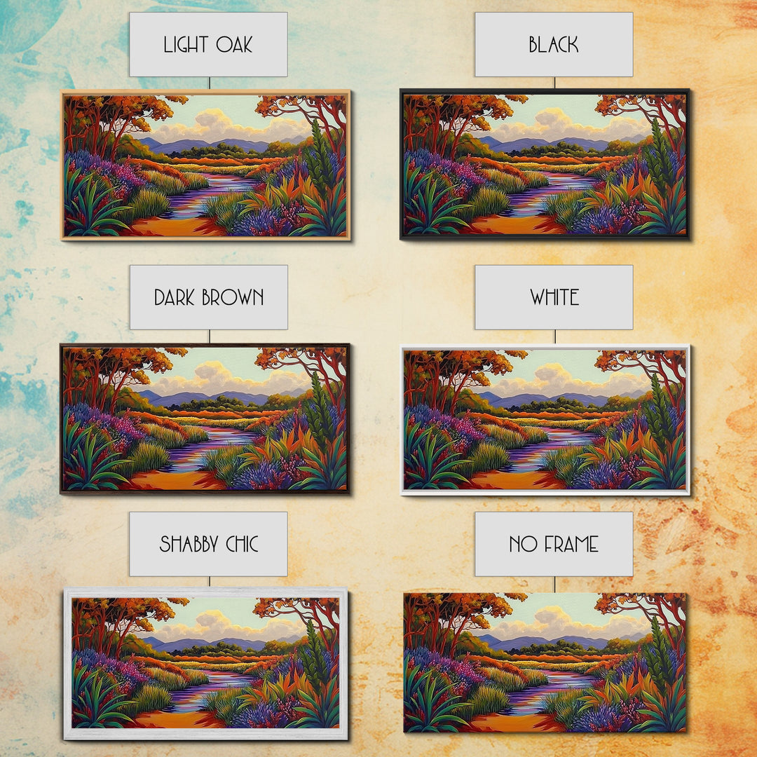 River Wildflowers, Autumn Trees, Mountain View, Framed Canvas Print, Fall Nature Art, Kitchen Wall Decor, Boho Landscape Painting