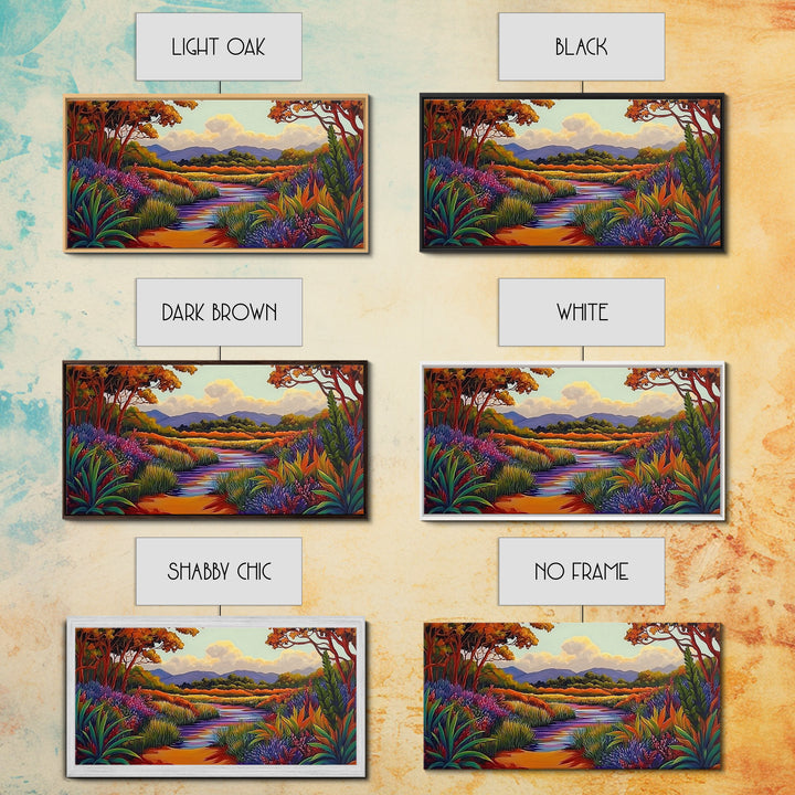 River Wildflowers, Autumn Trees, Mountain View, Framed Canvas Print, Fall Nature Art, Kitchen Wall Decor, Boho Landscape Painting