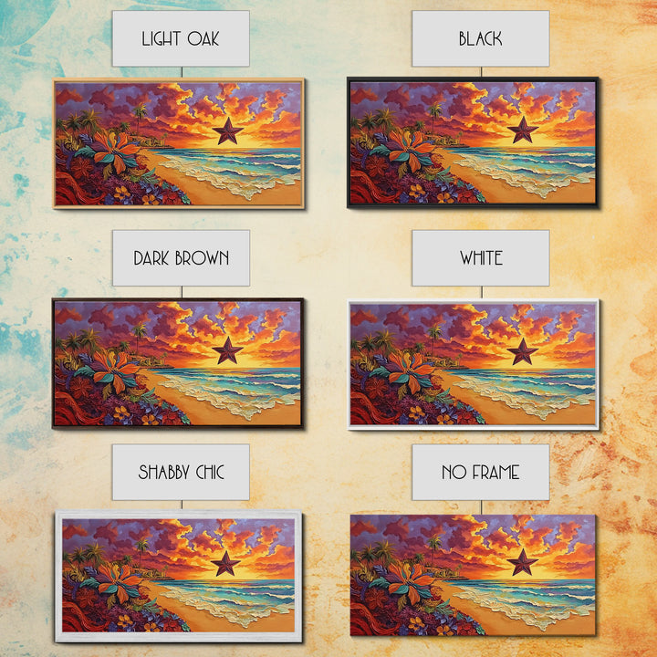 Beach Star, Flower, Sunset, Framed Canvas Print, beach sunset art with star, bold tropical flowers, palm trees, vivid sky, living room