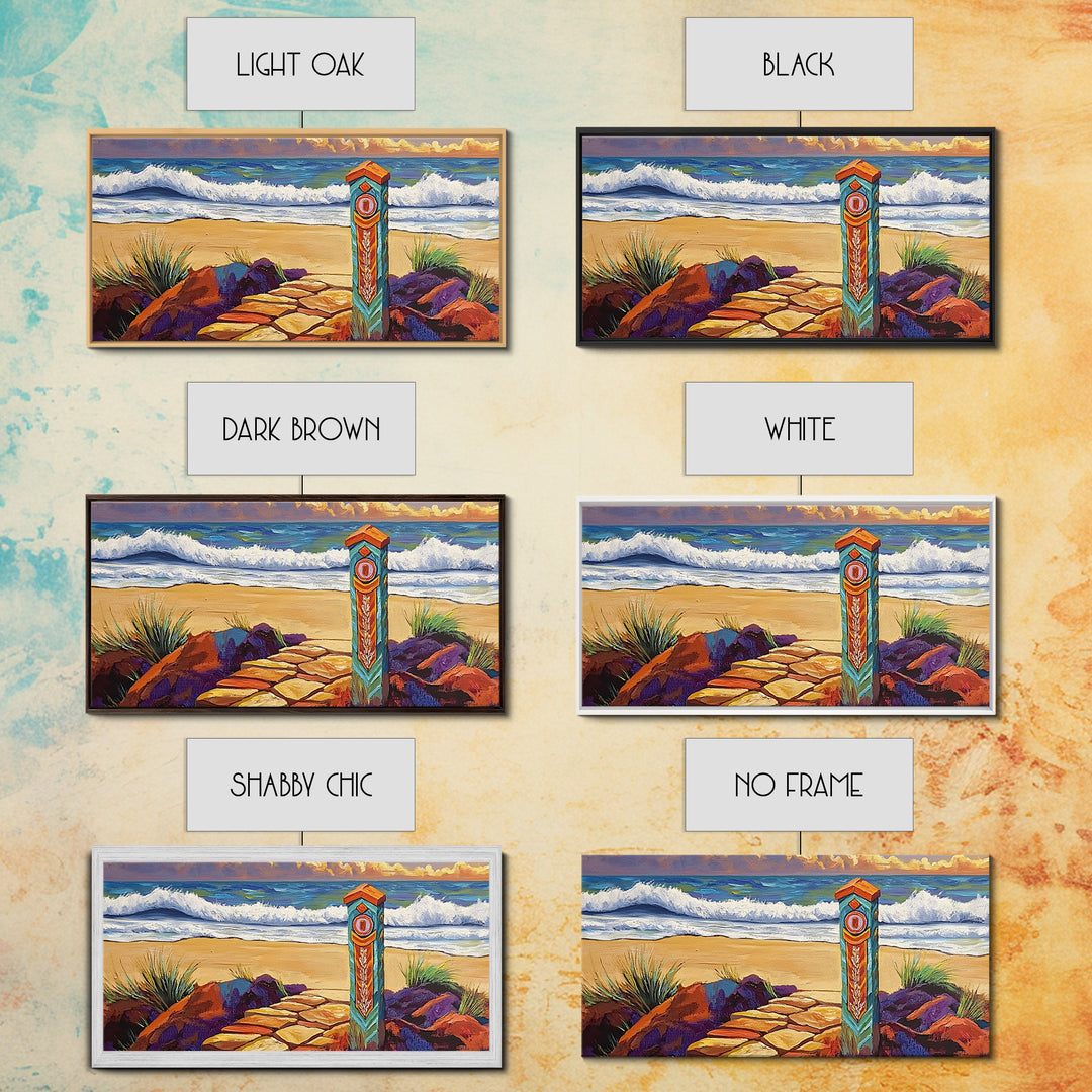 Beach Path, Waves, Nature, Ocean path with pillar, Framed Canvas Print, Coastal Decor, Vibrant Wall Art, Bathroom or Hallway Art