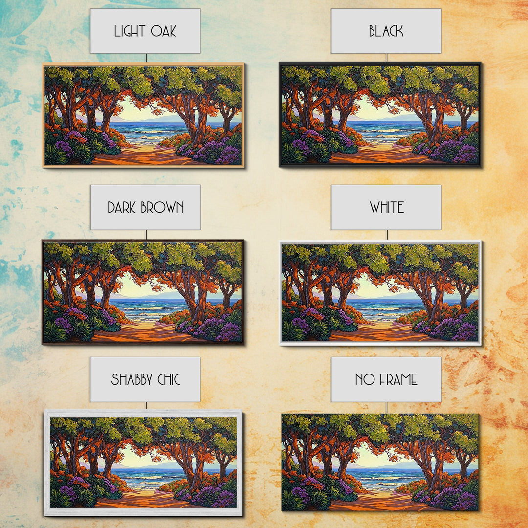 Beach Trees, Tunnel, Ocean, Sunset beach tunnel view, Framed Canvas Print, Coastal Boho Decor, Romantic Seaside Wall Art