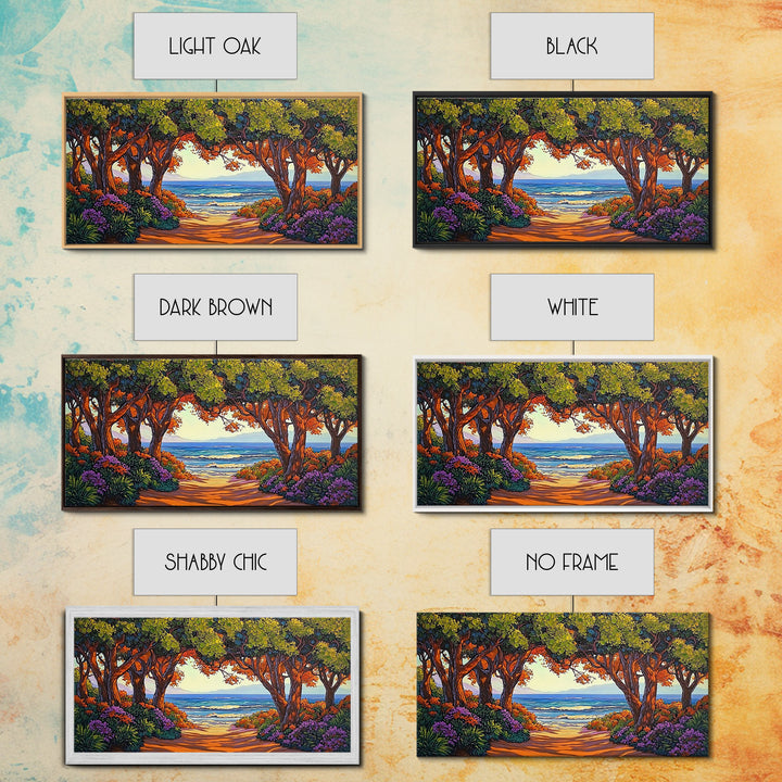 Beach Trees, Tunnel, Ocean, Sunset beach tunnel view, Framed Canvas Print, Coastal Boho Decor, Romantic Seaside Wall Art