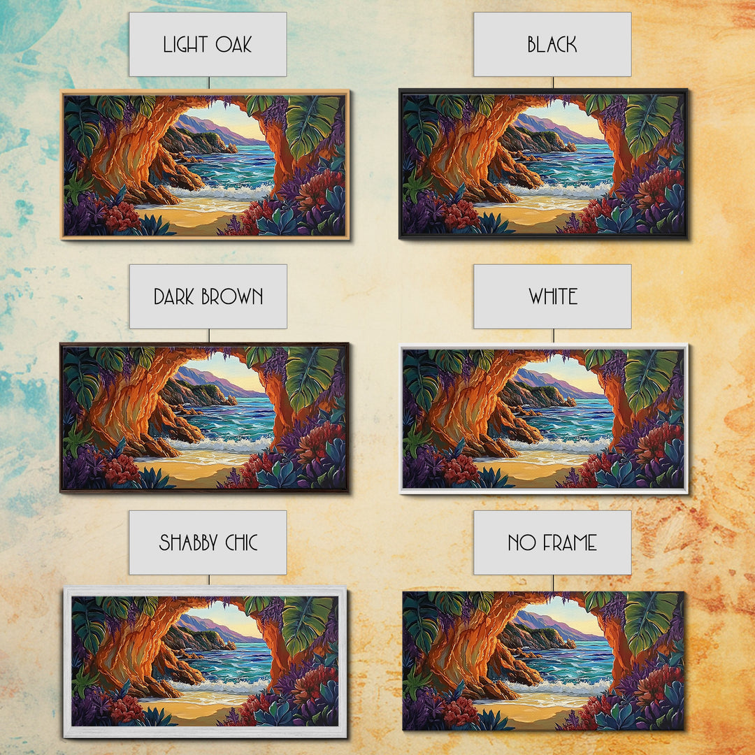 Cave, Beach, Jungle, Ocean, Canvas Print, Coastal jungle scene, tropical beach view, living room or entryway boho wall decor