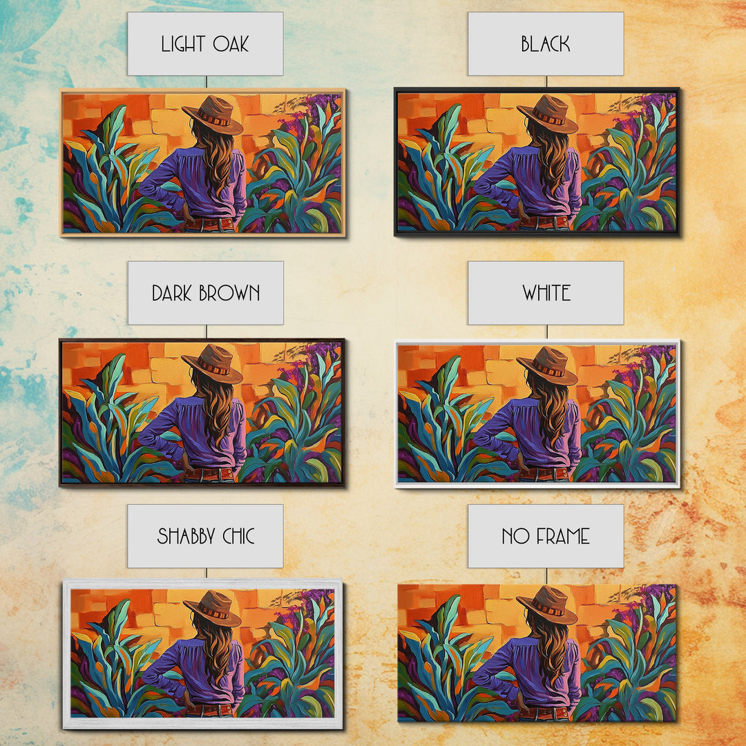 Cowgirl Desert, Vibes, Art, Framed Canvas Print, Western woman cactus wall art, rustic country home decor, southwestern living room
