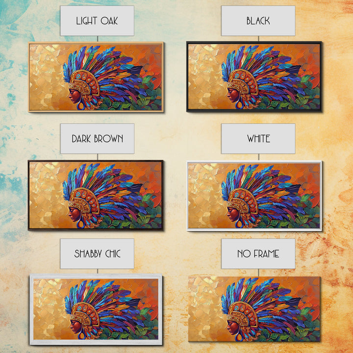 Aztec Warrior, Headpiece, Art, Framed Canvas Print, Indigenous feather headdress wall decor, bold bohemian accent, office statement